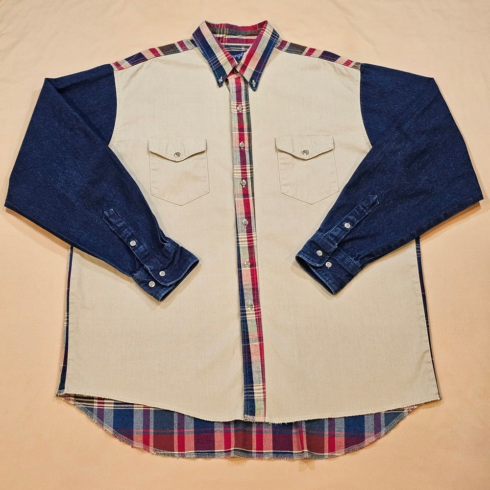 Wrangler Mens XL Western Shirt Plaid Denim Canvas Colorblock Long Tails Vintage